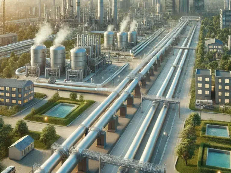 Industrieanlage und Leitungsrohre, die Fernwärme erzeugt.