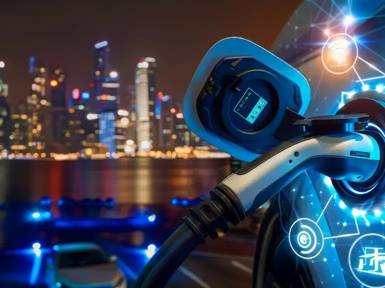 Ein Ladevorgang für ein E-Auto mit digitalen Symbolen im Hintergrund eine Skyline