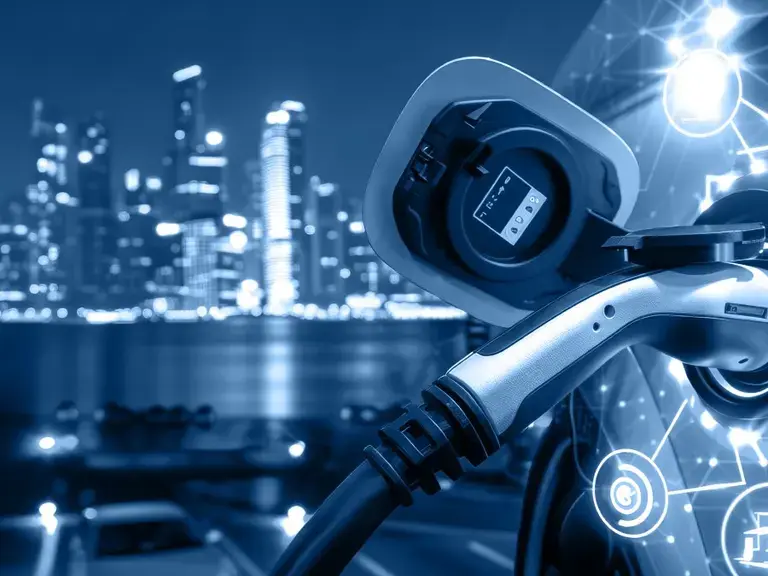 Ein Ladevorgang für ein E-Auto mit digitalen Symbolen im Hintergrund eine Skyline