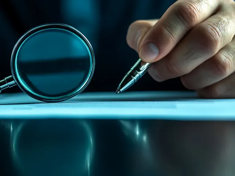 Links eine Lupe und rechts eine Hand mit einem Kugelschreiber