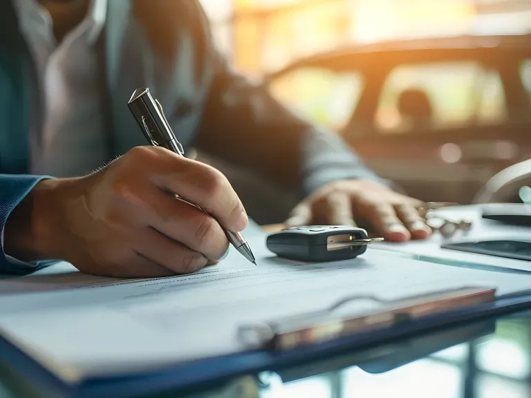 Ein Schreibtisch hinter dem ein Mann sitzt und mit dem Kugelschreiber in der Hand auf einen Vertrag deutet, der auf dem Schreibtisch liegt. Darauf liegt ein Autoschlüssel