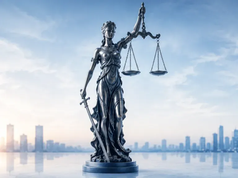 Justitia-Statue vor Skyline