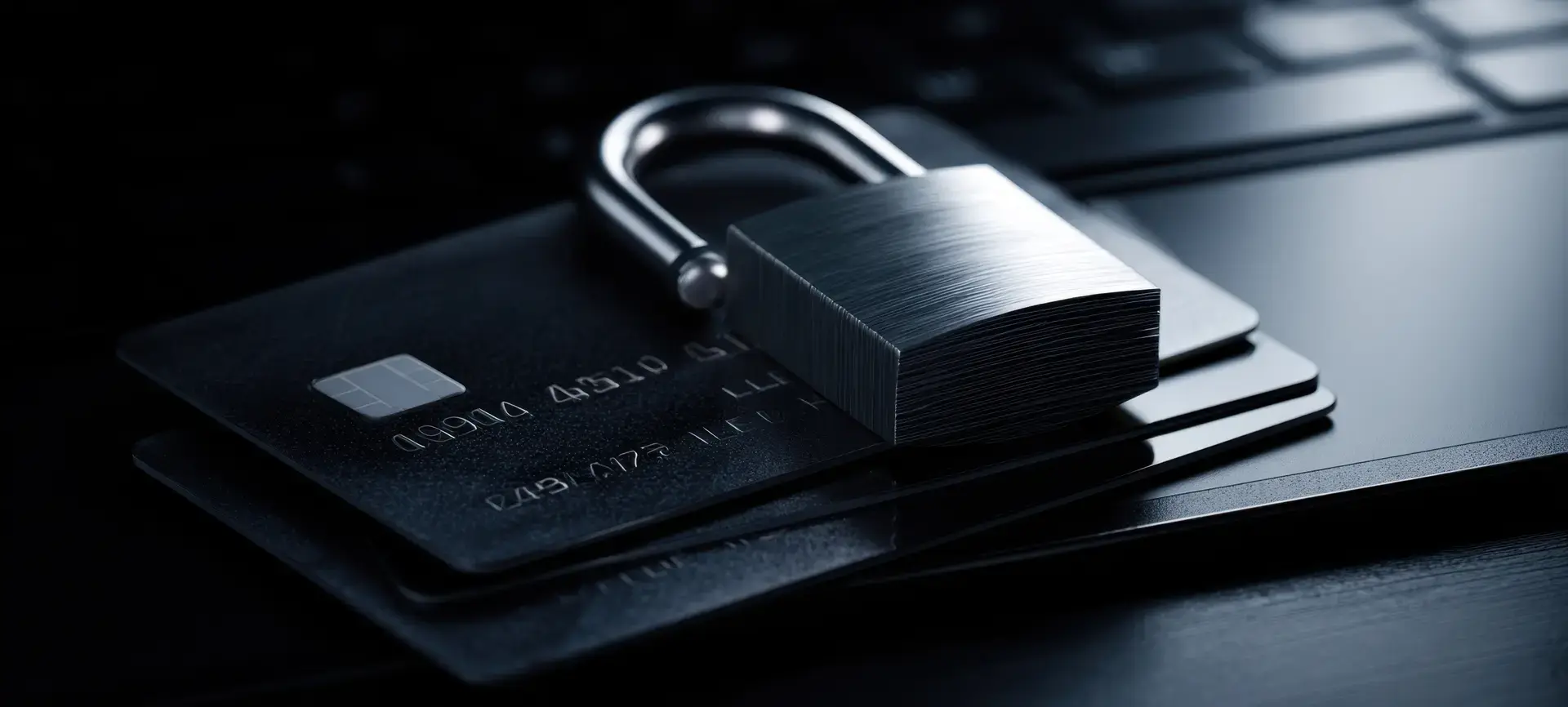 Ein Stapel Kreditkarten auf denen ein offenes Vorhängeschloss liegt