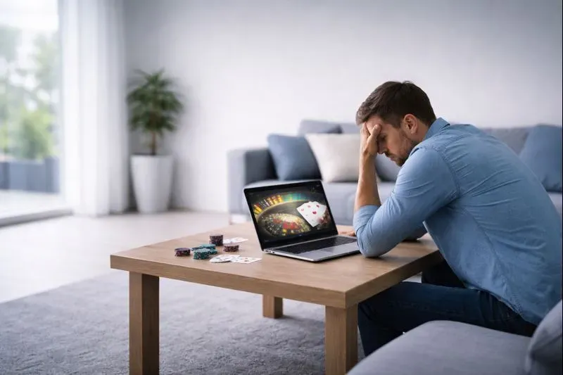 Mann der den Kopf auf die Hände stütz und vor ihm ein Laptop mit einer Casino Anwendung