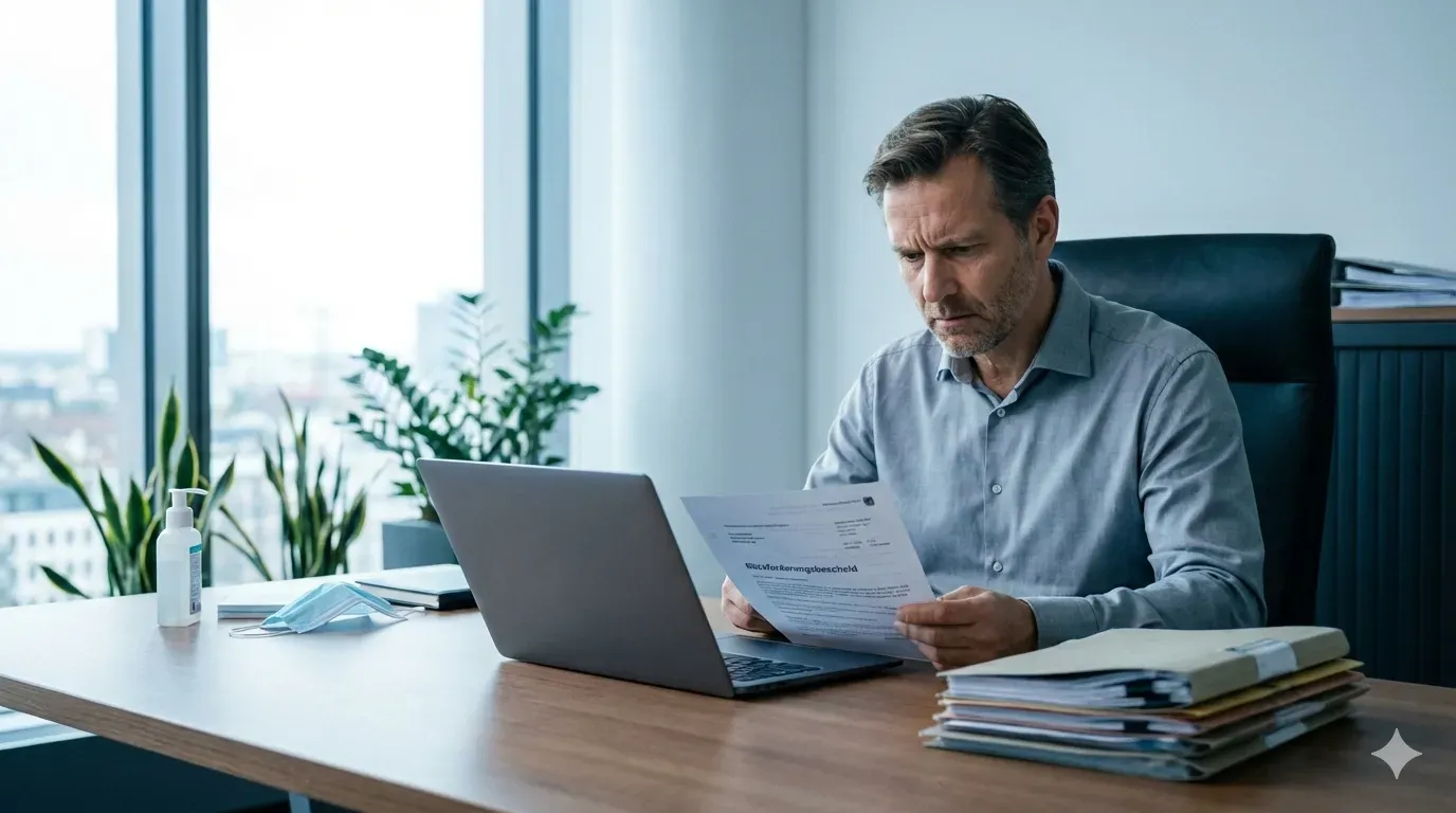Unternehmer an einem Schreibtisch, der einen Rückforderungsbescheid in Händen hält