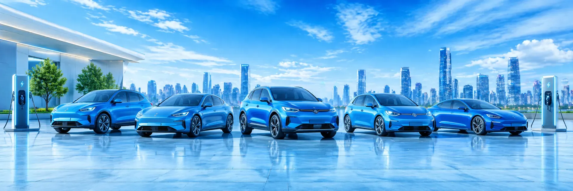 mehrere E-Autos zwischen zwei Ladesäulen