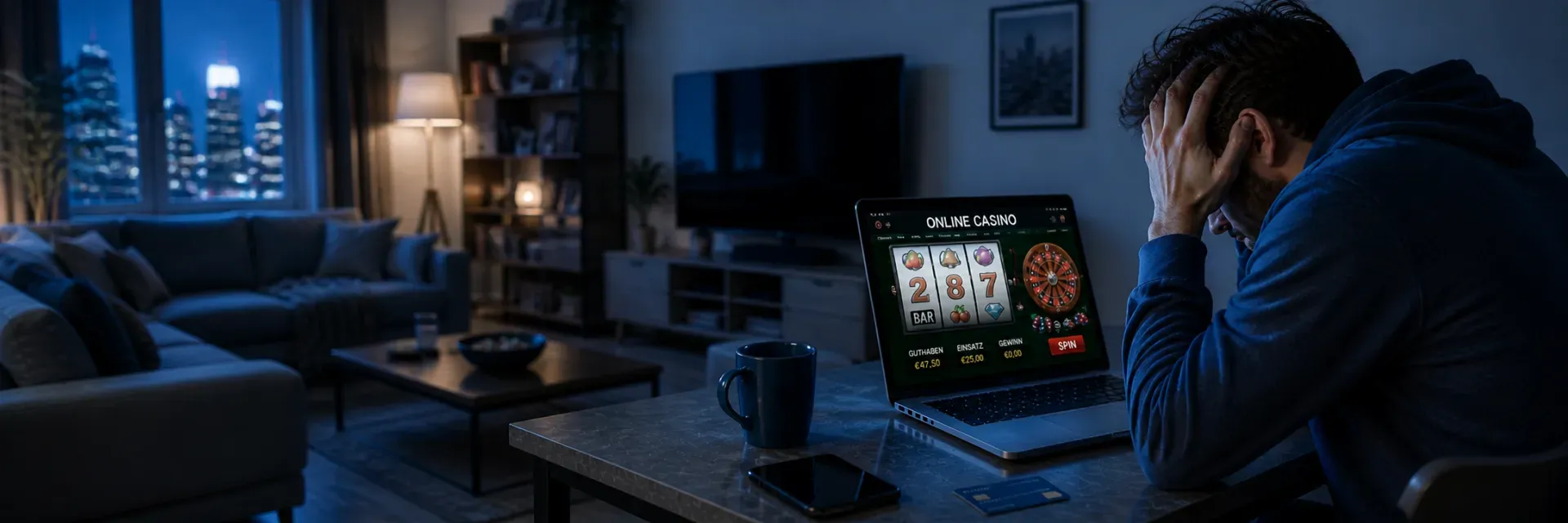 Ein Mann der verzweifelt auf ein Laptop schaut auf dem ein Online Casino geöffnet ist