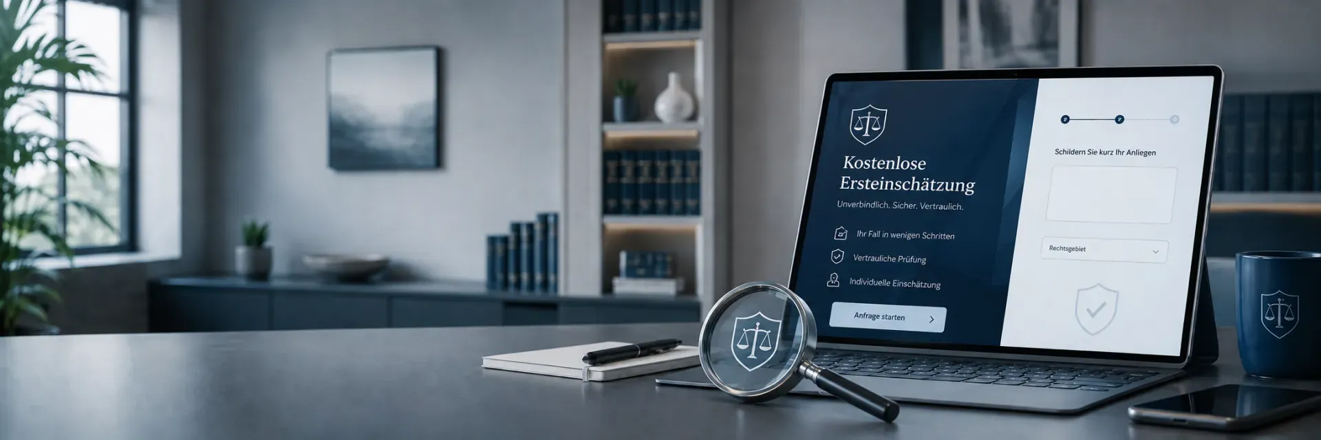 Ein Laptop auf einem Schreibtisch auf dem kostenlose Ersteinschätzung steht