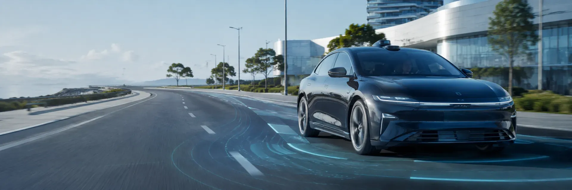 Ein Fahrzeug das von digitalen Linien über eine Straße geleitet wird