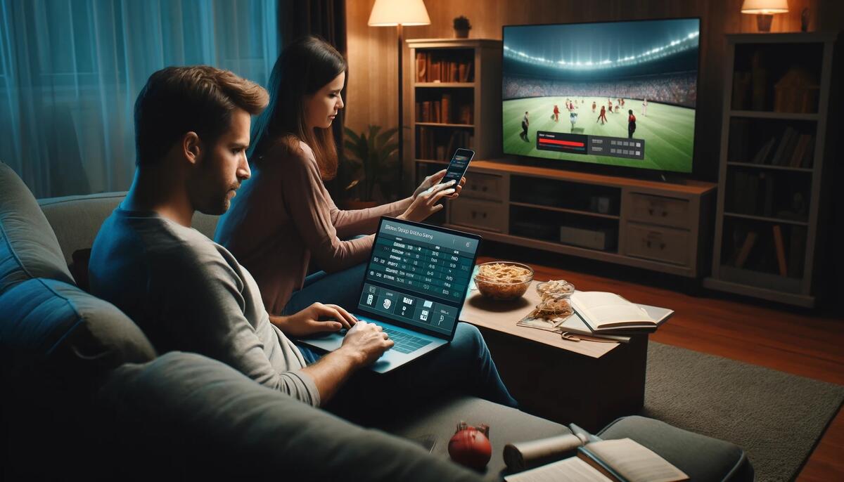 Ein Mann auf einem Sofa vor einem Laptop - im Hintergrund läuft im Fernsehen ein Fußballspiel