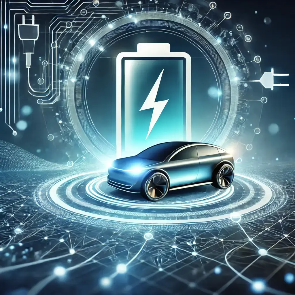 Digitalbild eins E-Autos auf einer Drehscheibe im Hintergrund eine Batterie mit einem Blitz