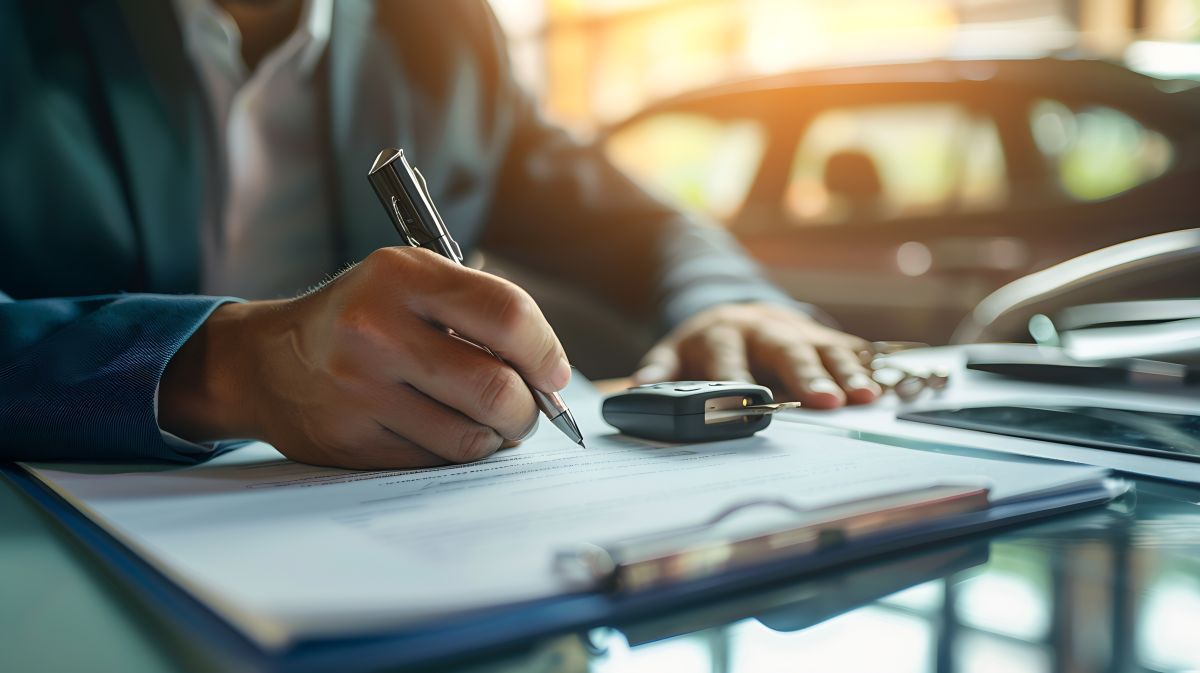 Ein Schreibtisch hinter dem ein Mann sitzt und mit dem Kugelschreiber in der Hand auf einen Vertrag deutet, der auf dem Schreibtisch liegt. Darauf liegt ein Autoschlüssel