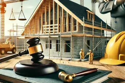 Digitalbild: Im Vordergrund eine Buch mit einem Richterhammer darauf, im Hintergrund eine Baustelle von einem Hausbau