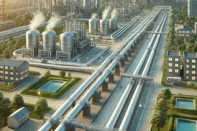 Industrieanlage und Leitungsrohre, die Fernwärme erzeugt.