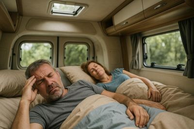 Ehepaar im Bett eines Campers. Der Mann hält sich den schmerzenden Kopf