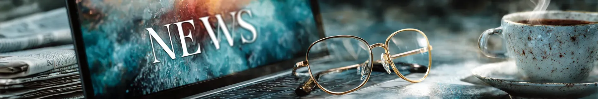 Ein Laptop, Kaffeetasse und Brille