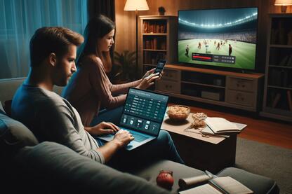 Ein Mann auf einem Sofa vor einem Laptop - im Hintergrund läuft im Fernsehen ein Fußballspiel