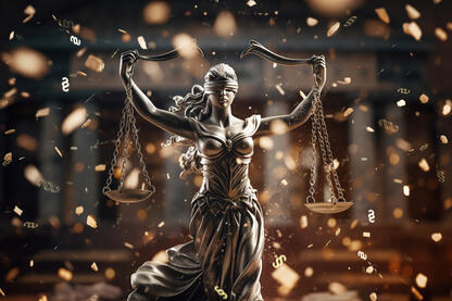 Eine Justitia die eine Waage hält. Um sie herum fliegen kleine §