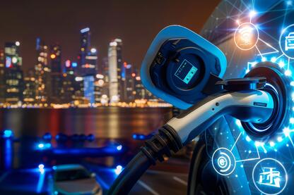 Ein Ladevorgang für ein E-Auto mit digitalen Symbolen im Hintergrund eine Skyline