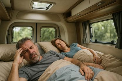 Ehepaar im Bett eines Campers. Der Mann hält sich den schmerzenden Kopf