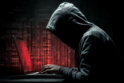 Ein Hacker an einem Laptop, der Daten stiehlt